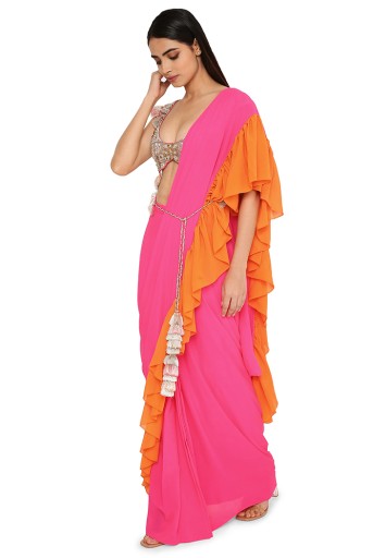 Myiesha Pink Colour Georgette Embroidered Choli With Pink And Orange Georgette Frill Pre-Stitched Saree
