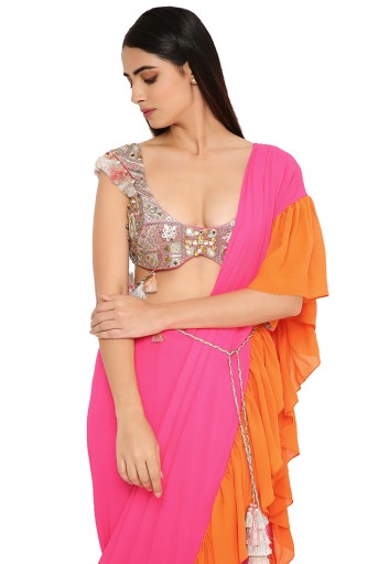 Myiesha Pink Colour Georgette Embroidered Choli With Pink And Orange Georgette Frill Pre-Stitched Saree