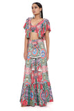 NOELLE RED ENCHANTED PRINT CREPE EMBROIDERED TOP WITH A FRILL SKIRT