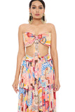 NORA TRANCE PRINT ART GEORGETTE BUSTIER WITH EMBROIDERD BOW AND SKIRT