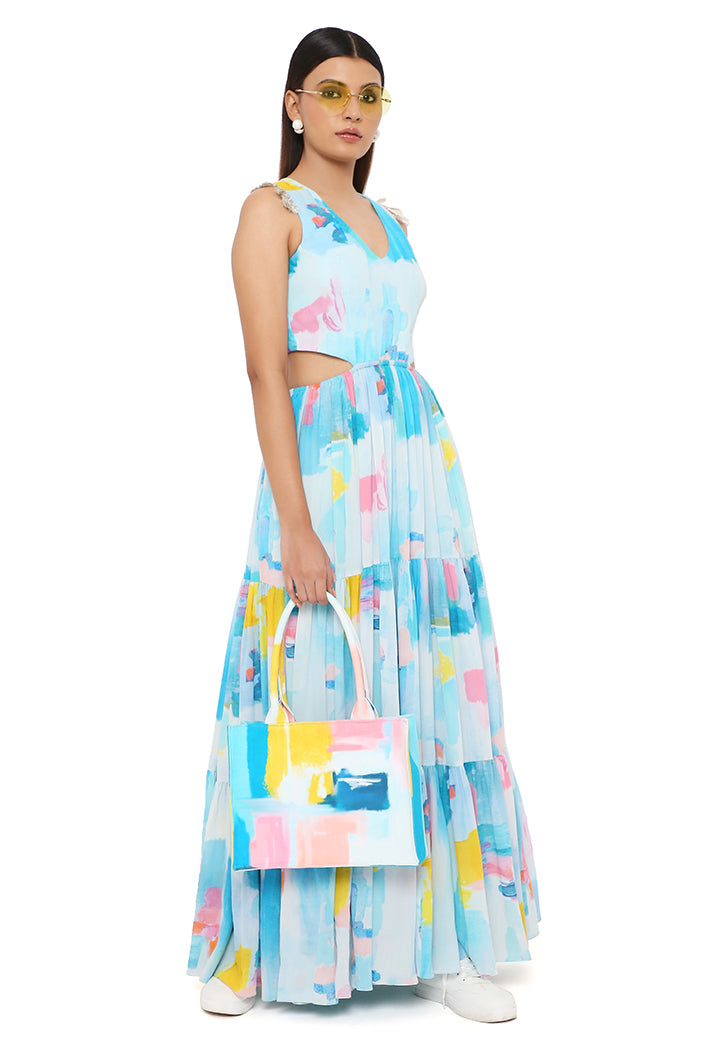 PAINTERLY PRINT CREPE CUT-OUT DRESS