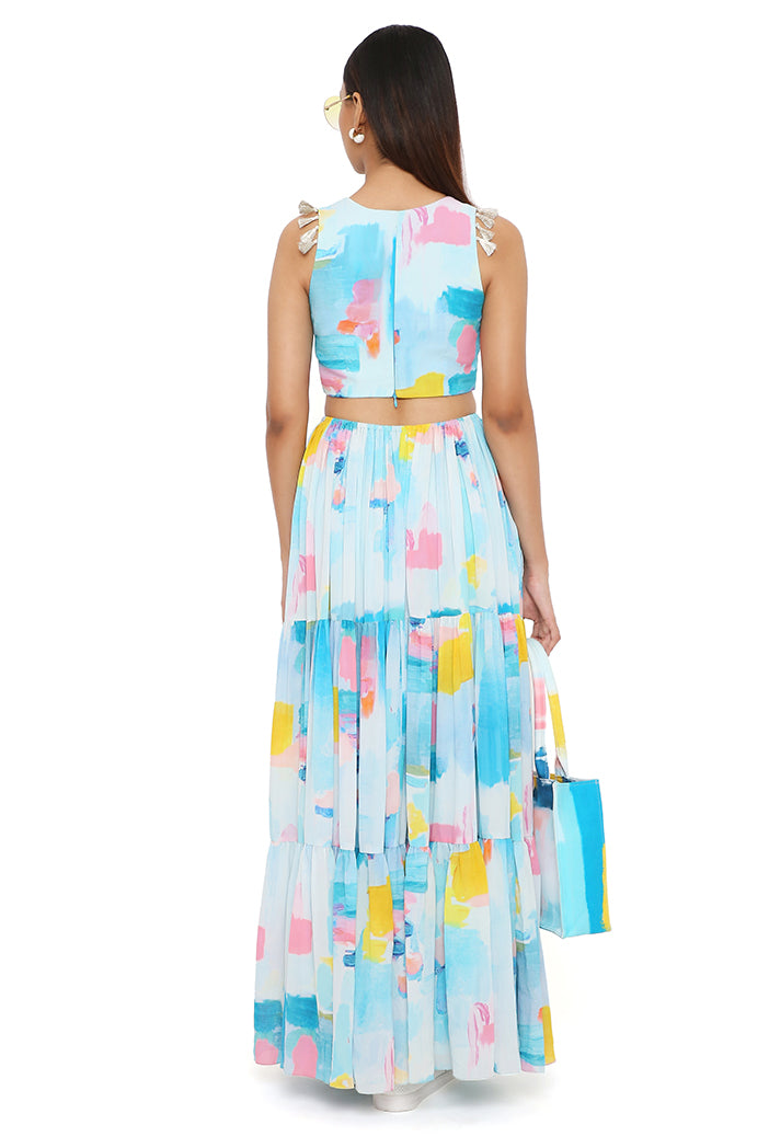 PAINTERLY PRINT CREPE CUT-OUT DRESS