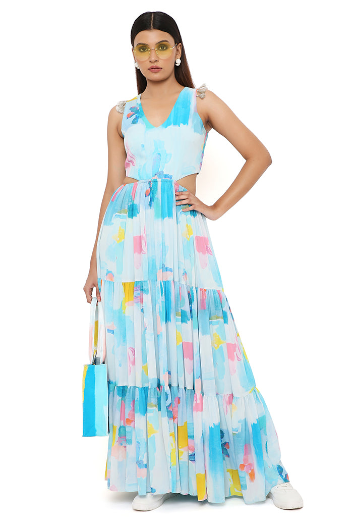 PAINTERLY PRINT CREPE CUT-OUT DRESS
