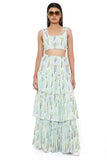 PALE BLUE SMALL PALM GEORGETTE PRINTED EMBROIDERED TOP WITH EMBROIDERED FRILL SKIRT