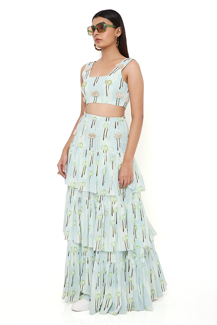 PALE BLUE SMALL PALM GEORGETTE PRINTED EMBROIDERED TOP WITH EMBROIDERED FRILL SKIRT