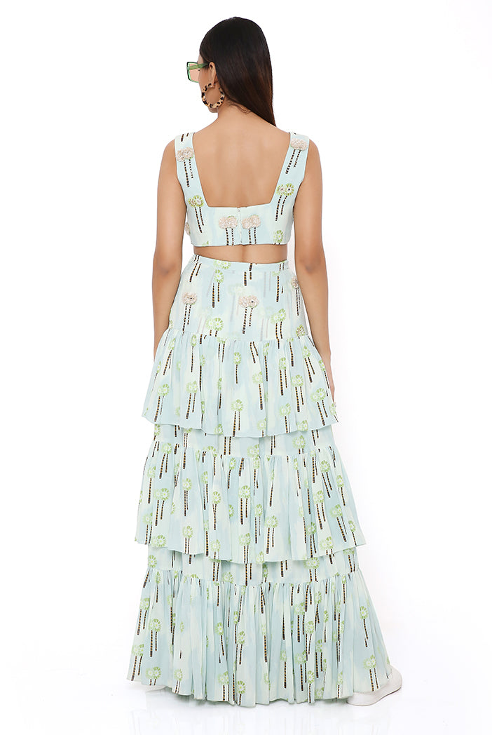 PALE BLUE SMALL PALM GEORGETTE PRINTED EMBROIDERED TOP WITH EMBROIDERED FRILL SKIRT