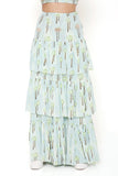PALE BLUE SMALL PALM GEORGETTE PRINTED EMBROIDERED TOP WITH EMBROIDERED FRILL SKIRT