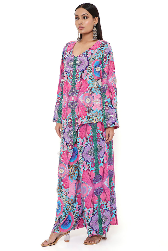 PINK ENCHANTED PRINT CREPE EMBROIDERED KURTA WITH CROPPED PALAZZO