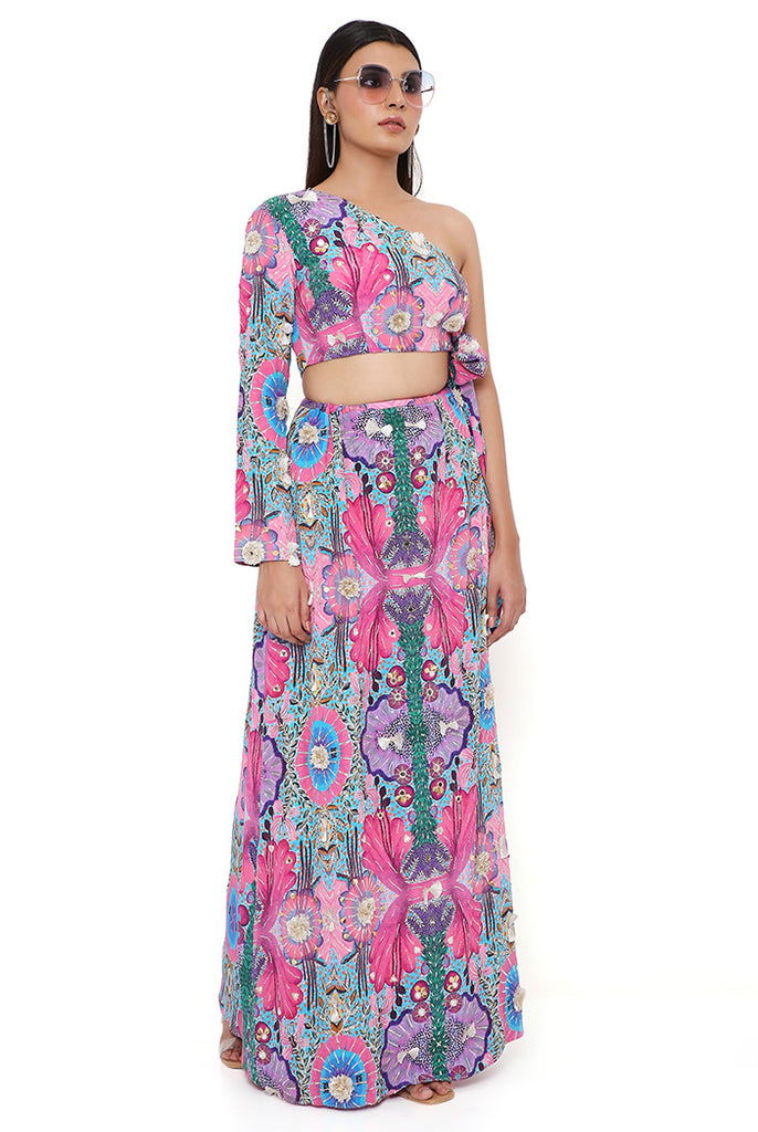 PINK ENCHANTED PRINT CREPE EMBROIDERED SIDE TIE-UP CHOLI WITH SKIRT