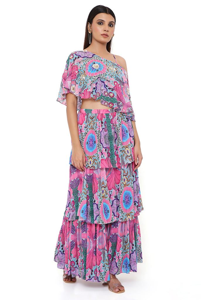 PINK ENCHANTED PRINT GEORGETTE EMBROIDERED ONE SHOULDER CAPE WITH A BUSTIER AND FRILL SHARARA
