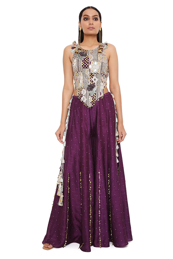 PURPLE GEORGETTE EMBROIDERED CHOLI WITH ABLA SILK SHARARA