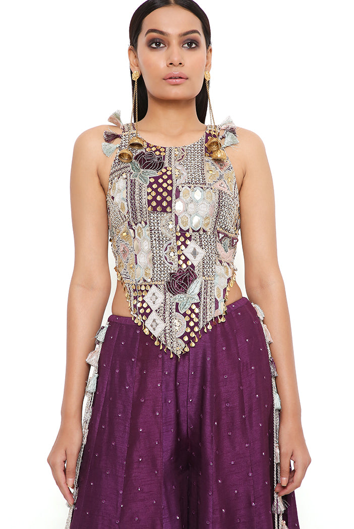 PURPLE GEORGETTE EMBROIDERED CHOLI WITH ABLA SILK SHARARA