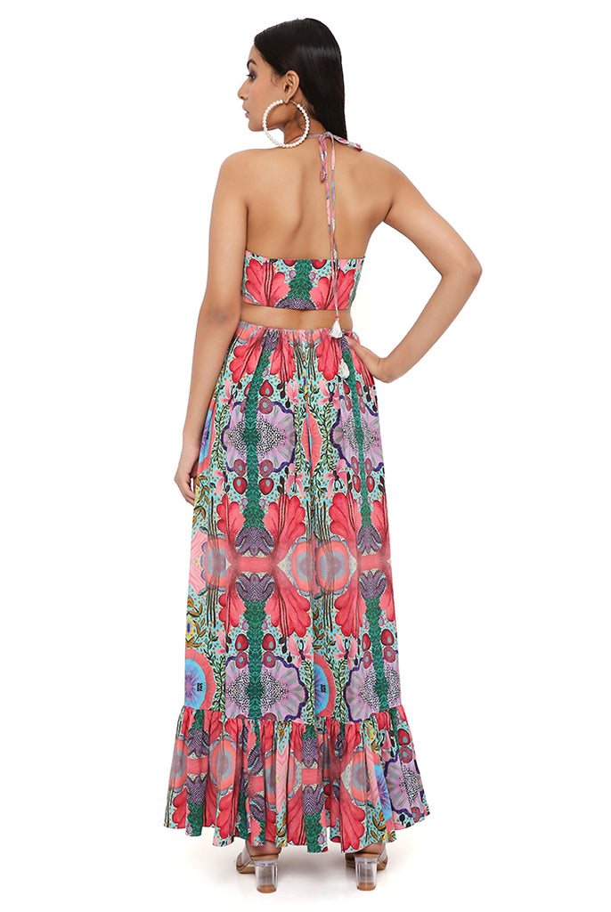 RED ENCHANTED PRINT CREPE CUT-OUT DRESS