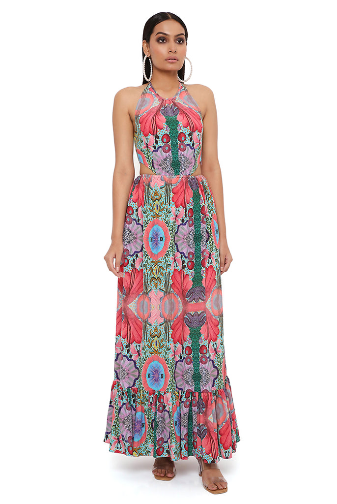 RED ENCHANTED PRINT CREPE CUT-OUT DRESS