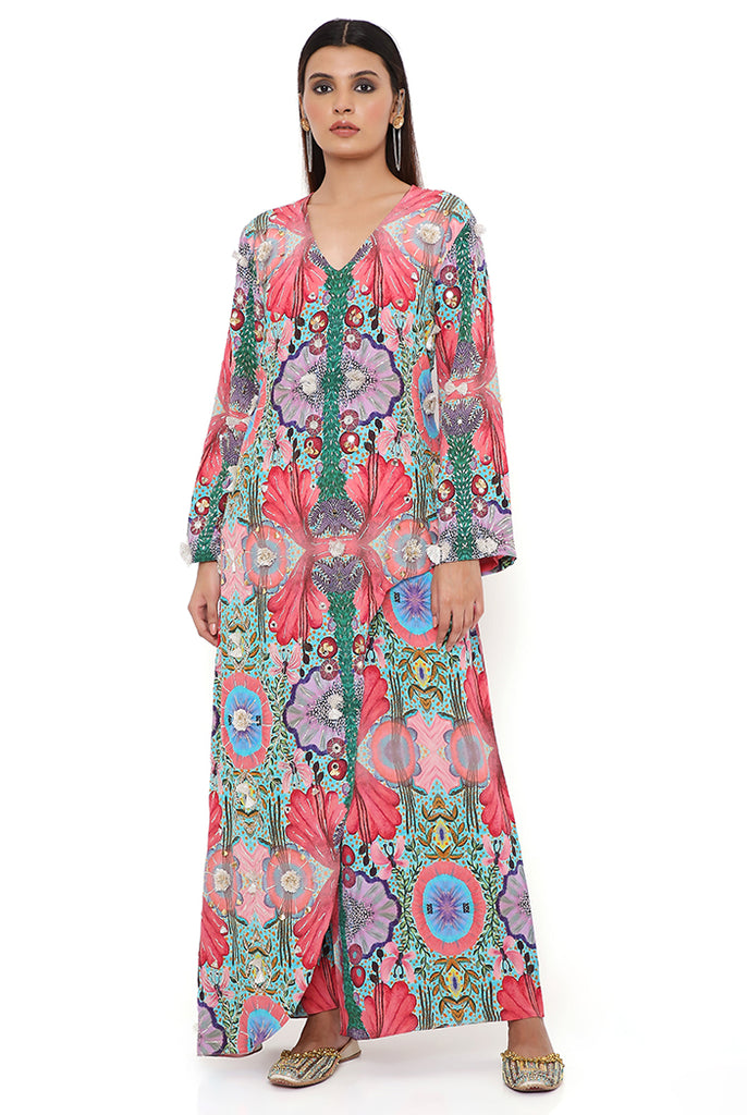 RED ENCHANTED PRINT CREPE EMBROIDERED KURTA WITH CROPPED PALAZZO