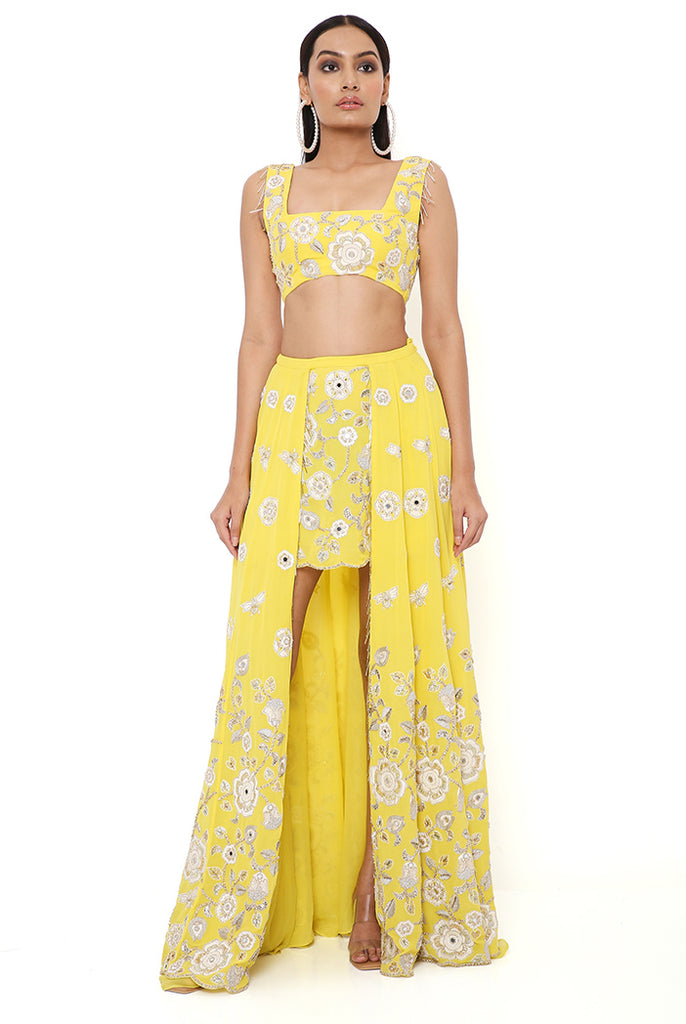 SARAH YELLOW GEORGETTE EMBROIDERED TOP AND SKIRT MUKAISH NET DUPATTA