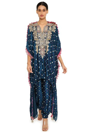 Selima Midnight Blue Colour Bandhani Silk Embroidered High Low Kurta With Jogger Pants