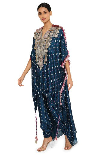 Selima Midnight Blue Colour Bandhani Silk Embroidered High Low Kurta With Jogger Pants