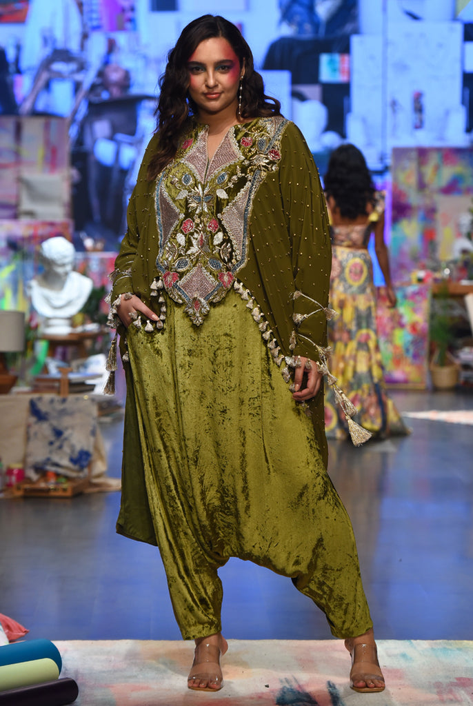 SHIRIN OLIVE CREPE EMBROIDERED HIGH LOW KAFTAN AND VELVET LOW CROTCH PANTS