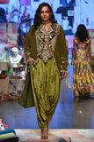 SHIRIN OLIVE CREPE EMBROIDERED HIGH LOW KAFTAN AND VELVET LOW CROTCH PANTS