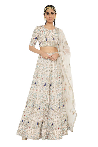 ARIKA OFF WHITE ORGANZA EMBROIDERED ONE SHOULDER TOP AND LEHENGA