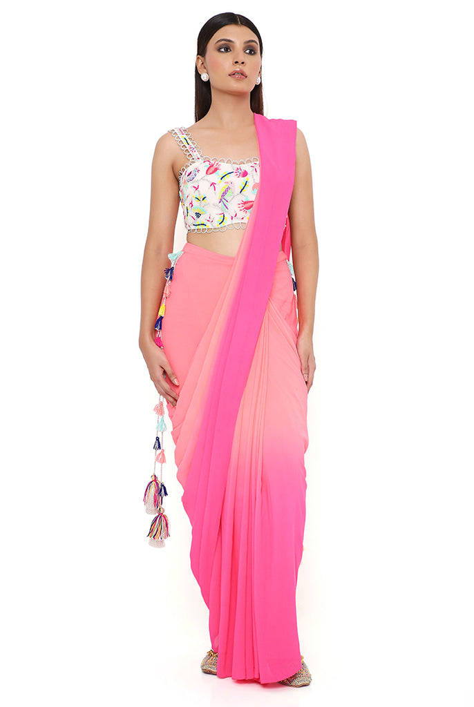 STONE GEORGETTE EMBROIDERED BUSTIER WITH CORAL AND PINK GEORGETTE SHADED SAREE
