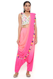 STONE GEORGETTE EMBROIDERED CHOLI WITH CORAL AND PINK CREPE SHADED LOW CROTCH AND GEORGETTE ATTACHED DRAPE