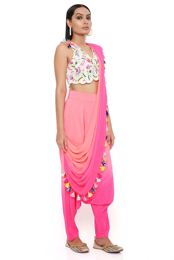STONE GEORGETTE EMBROIDERED CHOLI WITH CORAL AND PINK CREPE SHADED LOW CROTCH AND GEORGETTE ATTACHED DRAPE