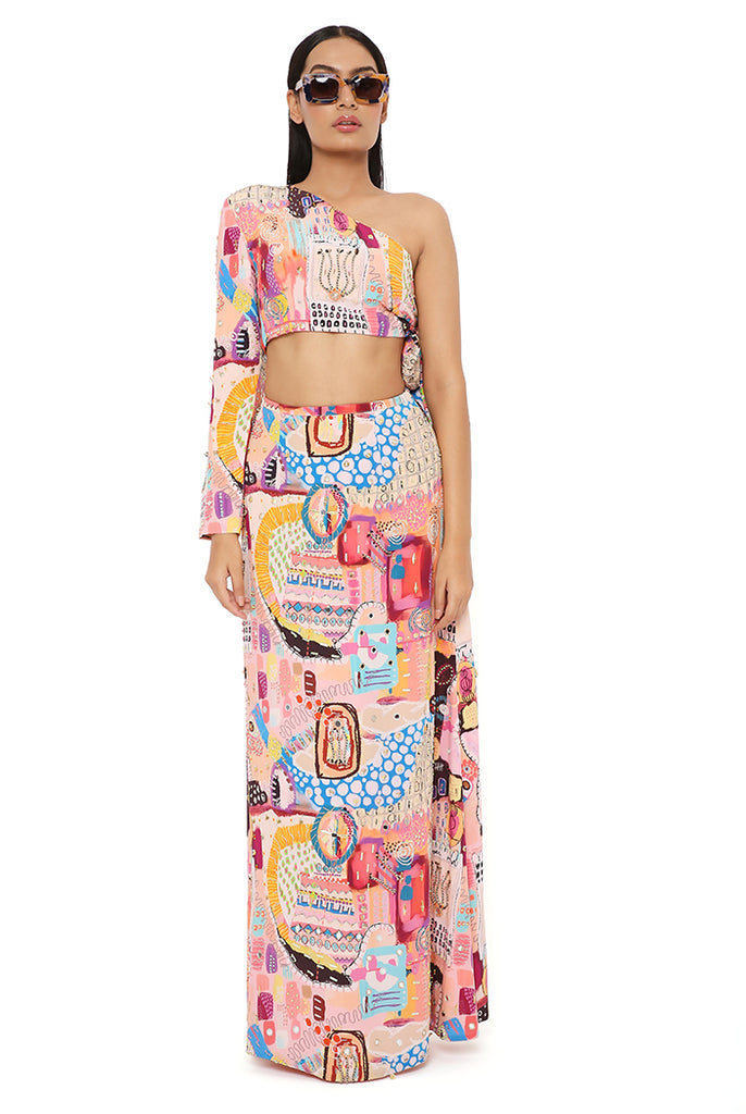 TAMARA TRANCE CREPE PRINT EMBROIDERED SIDE TIE-UP CHOLI WITH A SKIRT