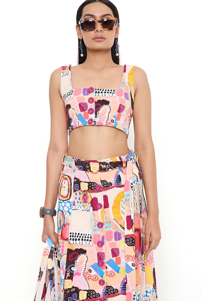 TRANCE PRINT DENIM TOP AND SKIRT WITH A TIE-UP