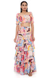 TRANCE PRINT GEORGETTE EMBROIDERED TOP WITH LAYERED FRONT SLIT SKIRT