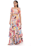 TRANCE PRINT GEORGETTE EMBROIDERED TOP WITH LAYERED FRONT SLIT SKIRT