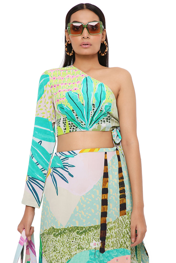 TROPICAL PRINT CREPE ONE SHOULDER TOP AND SKIRT