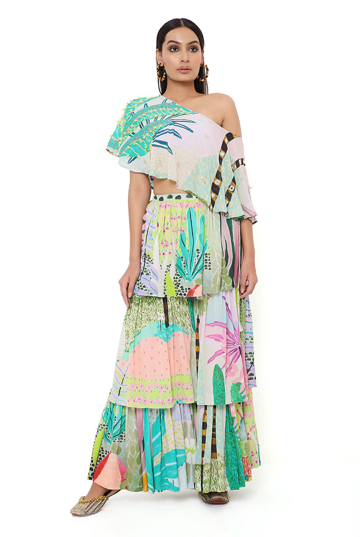 TROPICAL PRINT GEORGETTE EMBRODIERED ONE SHOULDER CAPE WITH A BUSTIER AND FRILL SHARARA