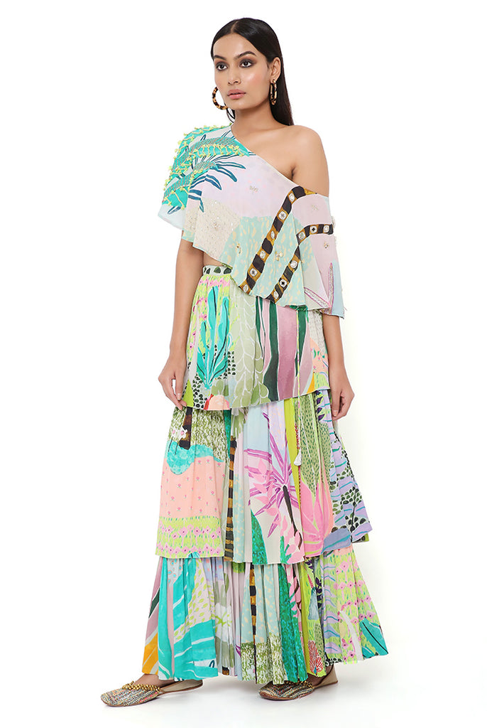 TROPICAL PRINT GEORGETTE EMBRODIERED ONE SHOULDER CAPE WITH A BUSTIER AND FRILL SHARARA