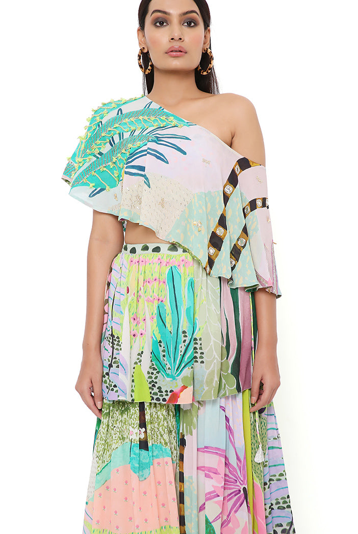TROPICAL PRINT GEORGETTE EMBRODIERED ONE SHOULDER CAPE WITH A BUSTIER AND FRILL SHARARA
