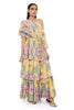 YELLOW ENCHANTED PRINT GEORGETTE EMBROIDERED ONE SHOULDER CAPE WITH BUSTIER AND FRILL SHARARA