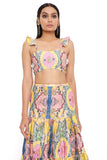YELLOW ENCHANTED PRINT SILK EMBROIDERED BUSTIER WITH A SKIRT