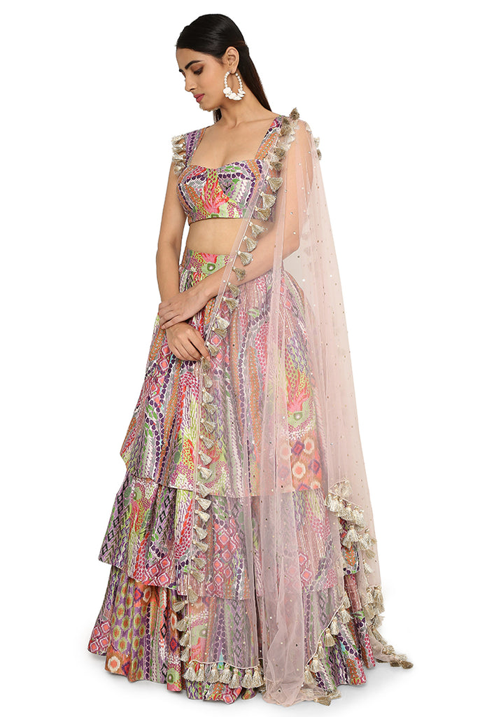 Zoha African Print Dupion Silk Bustier And Ruffled Skirt With Baby Pink Net Dupatta