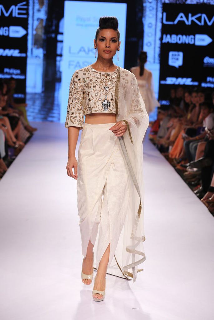 zubaida ivory dupion silk crop top with dhoti pant and tulle dupatta